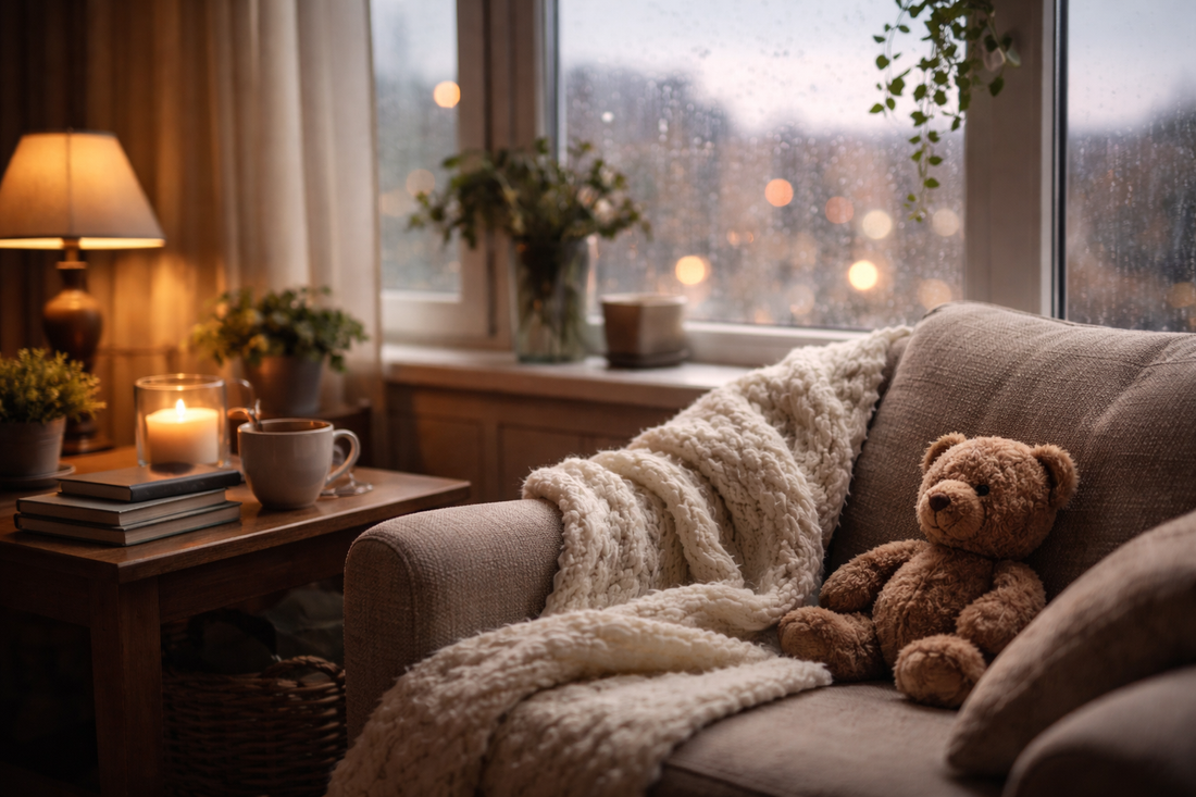 Soft, cosy armchair by a rain-speckled window with warm lighting and a blanket