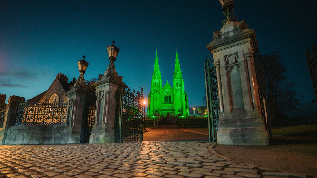 Armagh's St. Patrick's Church of Ireland Cathedral glowing green in celebration of St. Patrick's Day